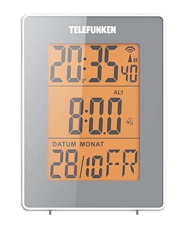 Wecker Funkwecker digital Funkuhr DCF LCD Multifunktion Bewegungssensor grau zweifacher Alarm Innentemperatur Thermometer Dat
