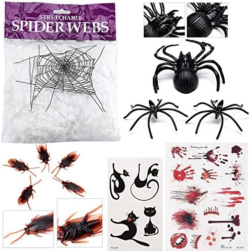 Halloween Decoration Set - White Spider Web (1 Bag), Big Spider (1), Small Spiders (150), Cockroaches (50), Bloody Tat Set (1) and Kitty Tattoo Set (1)