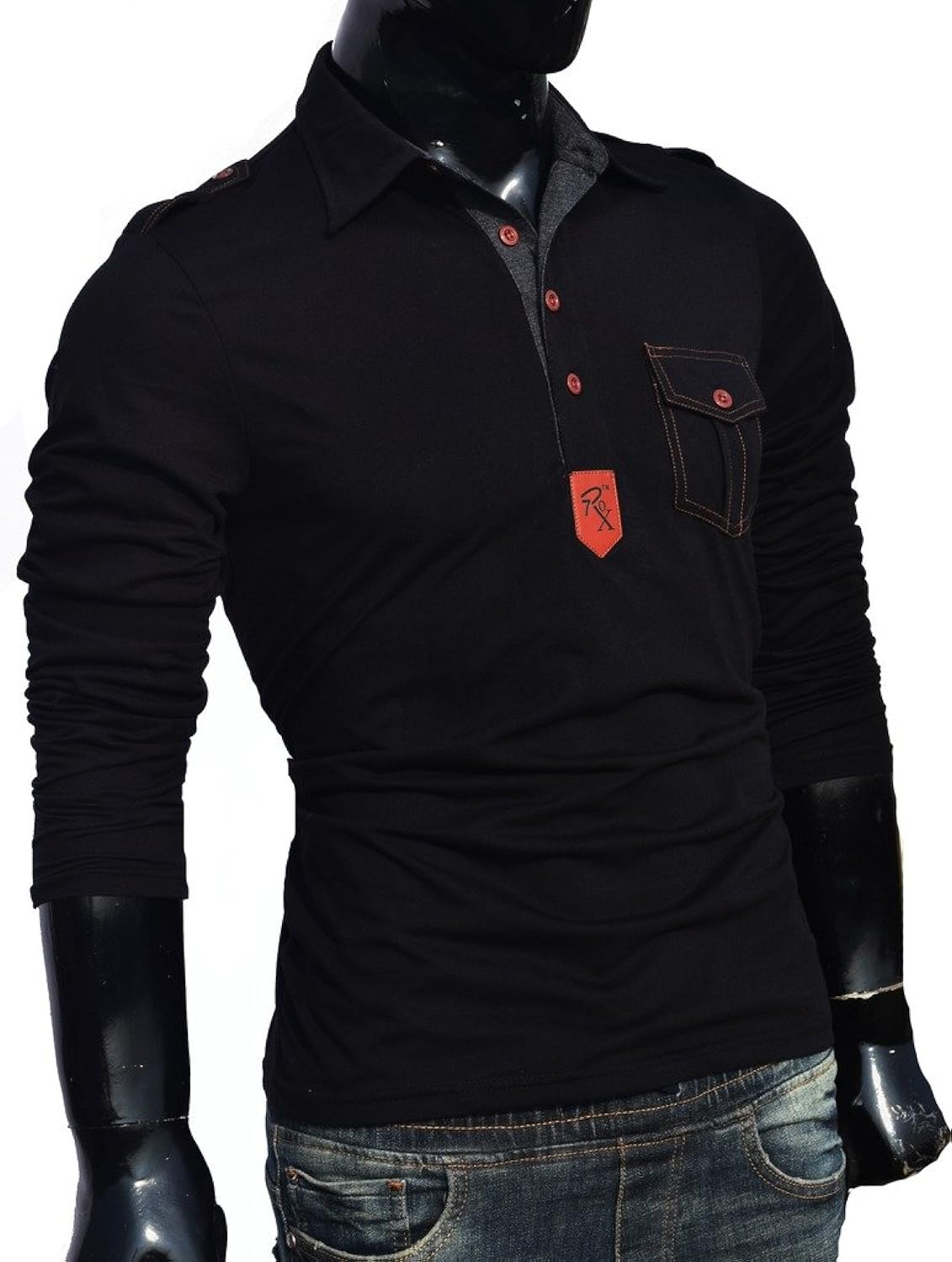 seven rocks men's polo neck cotton black tshirt "leather patch"