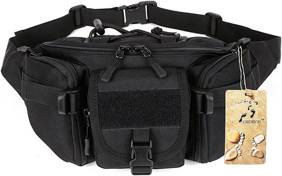 CREATOR Tactical Waist Pack Portable Fanny Pack Outdoor Hiking Travel Large Army Waist Bag Military Waist Pack for Daily Life Cycling Camping Hiking Hunting Fishing Shopping - Black