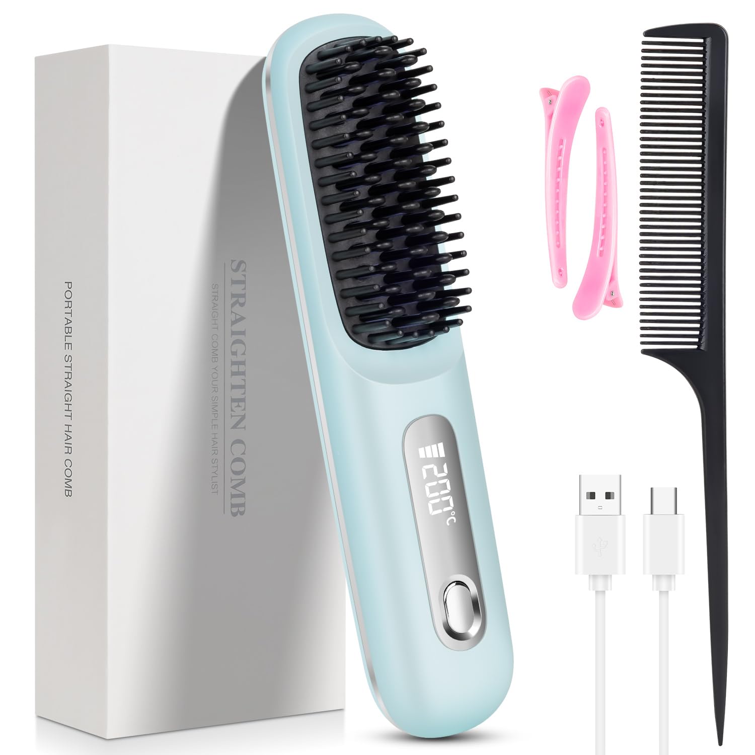 Photo 1 of ** DIRTY ON SIDE ** Go Brush Pro, 2026 Cordless Hair Straightener Brush 3 Adjustable Temperature Portable USB Charging Straightener Suitable for All Hair Types (Light Blue)