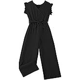 WDIRARA Girl's Ruffle Trim Wrap V Neck Cap Sleeve Cute Jumpsuit Belted Wide Leg Pants