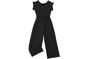 WDIRARA Girl's Ruffle Trim Wrap V Neck Cap Sleeve Cute Jumpsuit Belted Wide Leg Pants