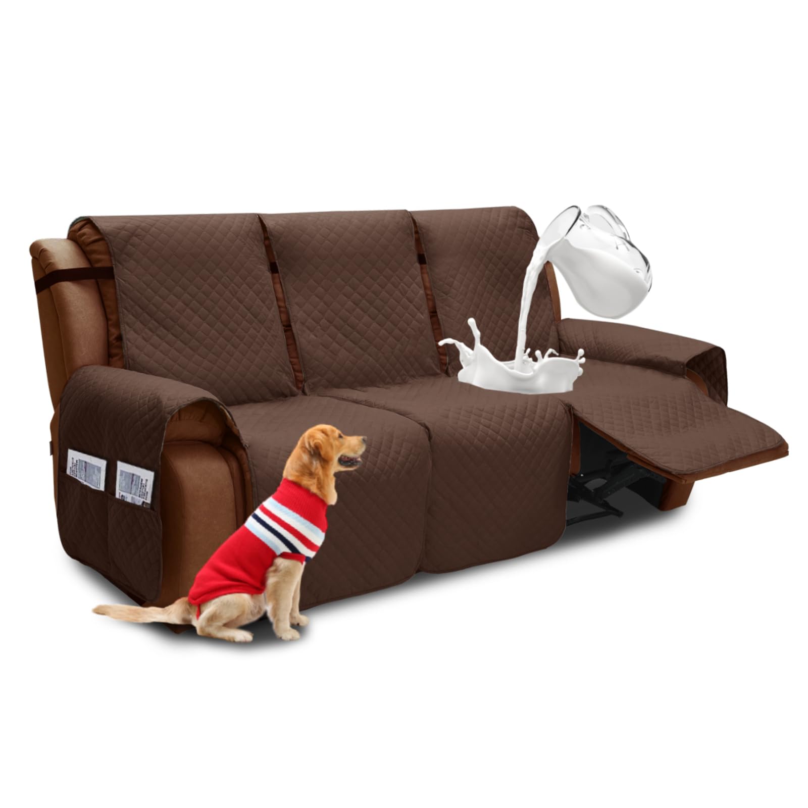 Photo 1 of XINEAGE Water Resistant Recliner Cover, 3 seat Recliner Sofa Covers with Pockets, Quilted Thick Recliner Protector Cover for Dog Pets with Non Slip Backing and Strap (Recliner Sofa, Coffee)