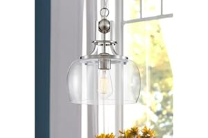 WUZUPS Chandelier Rustic Farmhouse Industrial Round Ceiling Pendant LED Light Fixture with Clear Glass Shades for Dining Room Kitchen Island Foyer Entryway, H 13" x W 10", E26 Base, Brushed Nickel