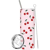 FYSUIMU 1Pc Cherry Tumbler with Lid Straw 20oz Pink Red Cherry Stainless Steel Travel Tumbler Cup Boxed for Coquette Wedding Iced Coffee
