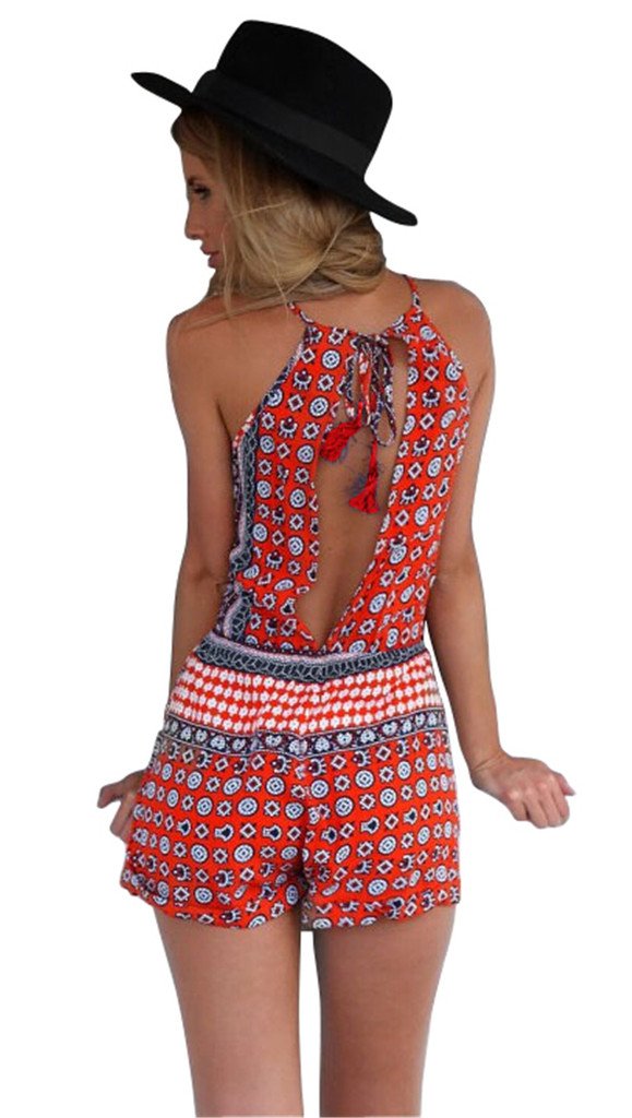 Ayliss Women\'s Sexy Cut out back Bohemian Casual Loose Romper Playsuit,Red M