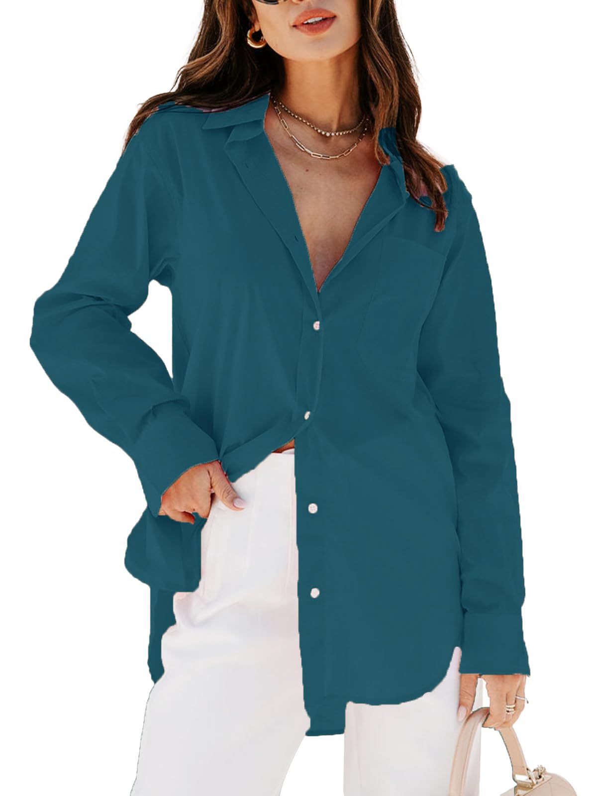 Photo 1 of ***STOCK PHOTO FOR REFERENCE ONLY***siliteelon Womens Button Down Shirts Dress Shirts Long Sleeve Blouses V Neck Solid Casual Tunics Tops with Pockets - Blue02 2XL