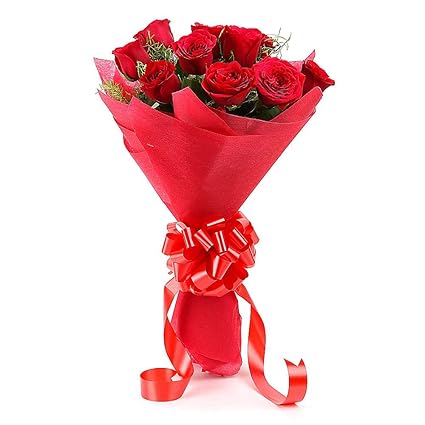 Floralbay Red Roses Bouquet Fresh Flowers in Paper Wrapping (Bunch of 8)