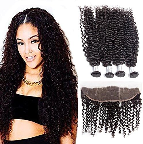 7A Virgin Hair Deep Curly Wave 3 Bundles With Lace Frontal Closure 13x4 Ear To Ear Frontal With Baby Hair Brazilian Human Hair Extensions(26 28 28with 18)