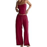 TDCoool Women's 2 Piece Pajama Lounge Set Summer Matching Lounge Sets Spaghetti Strap Tank Top Comfy Wide Leg Pants Sets