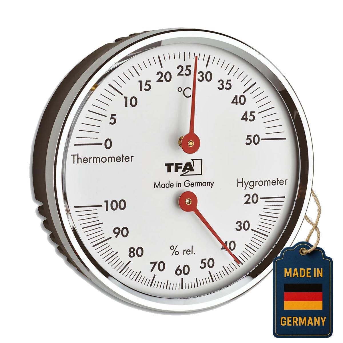 TFA Dostmann 45.2041.42 Analogue Thermo-Hygrometer with Metal Ring for Temperature and Humidity Control, Silver, L120 x W29 x H235 mm
