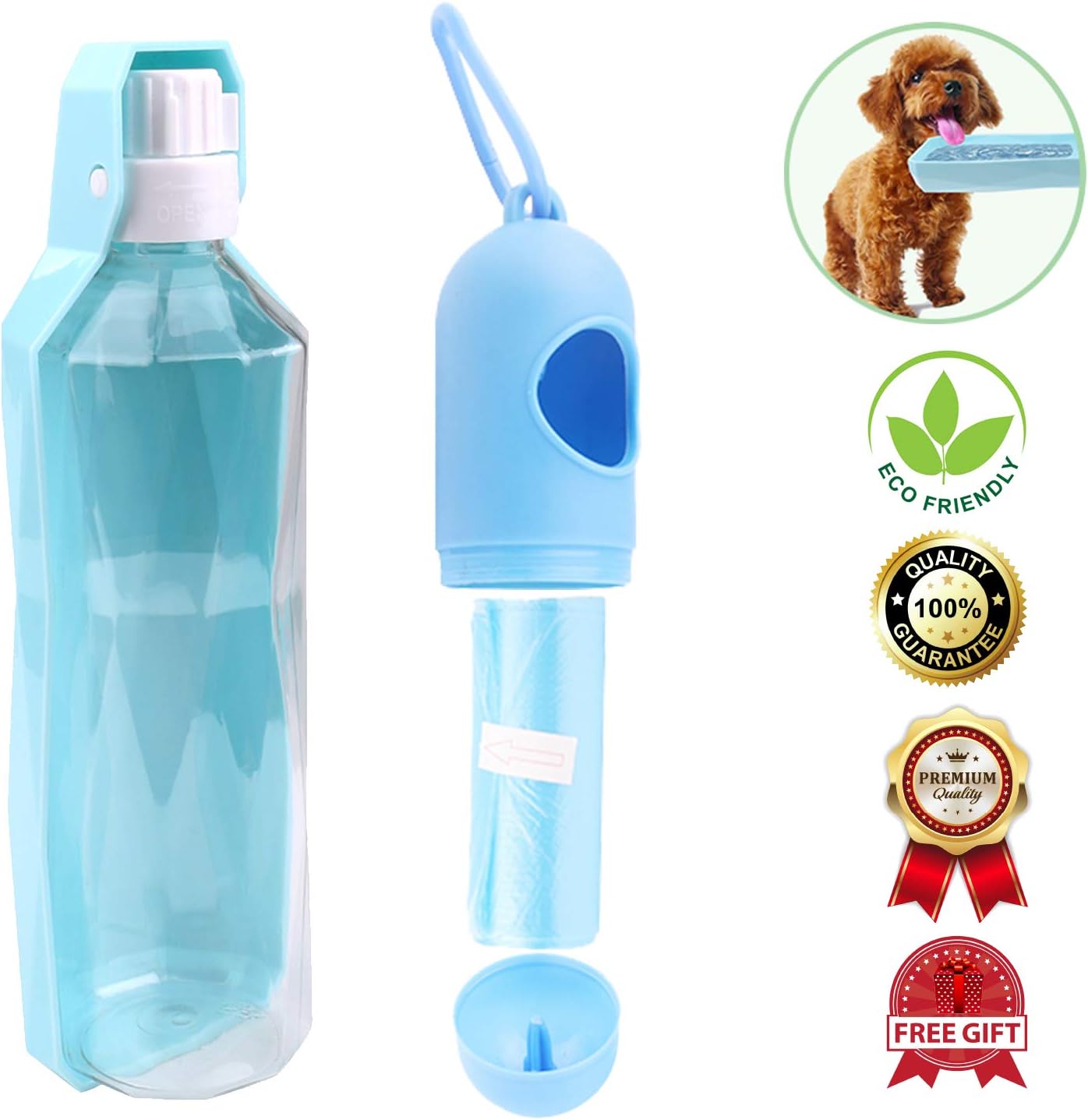 ZoloPaws Dog Water Bottle for Walking Pets | Portable Lightweight Pet Hydration Travel Bottle for Dogs & Cats with Built-in Convenient Bowl Dispenser | Size 17oz | + Free Dog Poop Bag Roll & Cover.