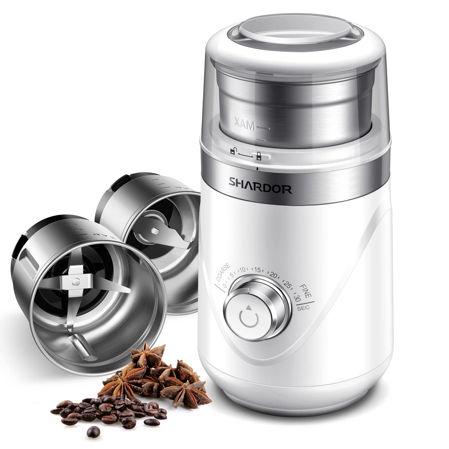 Photo 1 of SHARDOR Electric Super Silent Blade Coffee Grinder, Timed Grind Control Rotary Knob, Adjustable Coarse to Fine for Coffee Beans, Spices & Herbs, with 2 Removable Stainless Steel Bowl, White