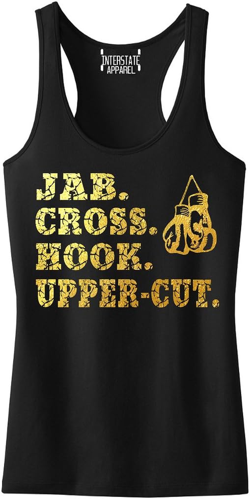 Junior's Gold Foil Jab. Cross. Hook. Upper-Cut. Boxing Gloves Black Racerback Tank Top T-Shirt Black