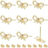 Beebeecraft 10Pcs Bow Earring Findings, 18K Gold Plated Brass Cubic Zirconia Bow Tie Bowknot Stud Earring Post with Loop for Jewelry Making DIY Supplies