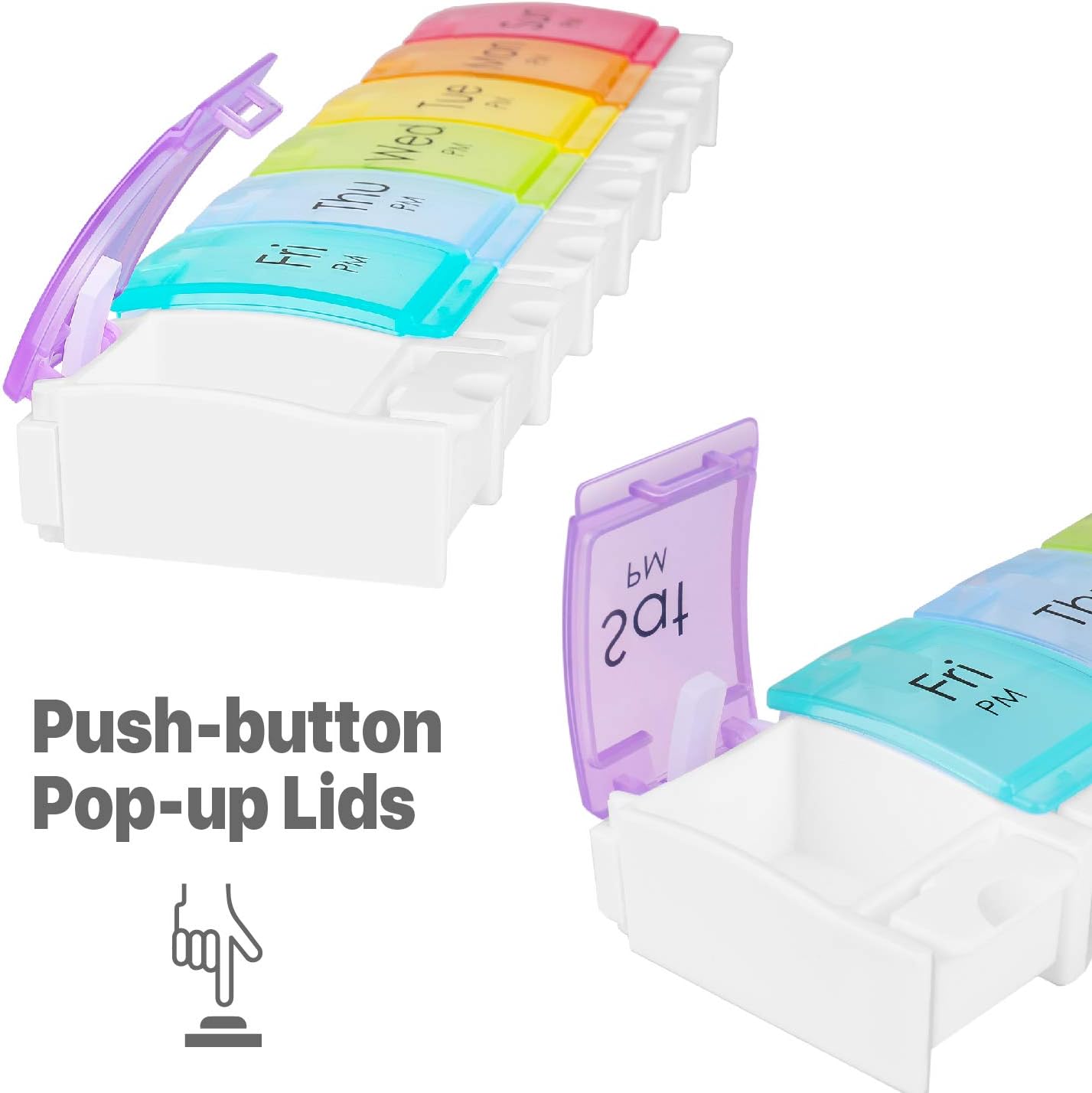 Flexzion AM PM Weekly Pill Organizer Box w/Push Button Design, Portable Color Coded Pill Tablet Vitamin Dispensers Reminders, 14 Compartment Slots Travel Medication Storage Case for Morning & Night: Health & Personal Care