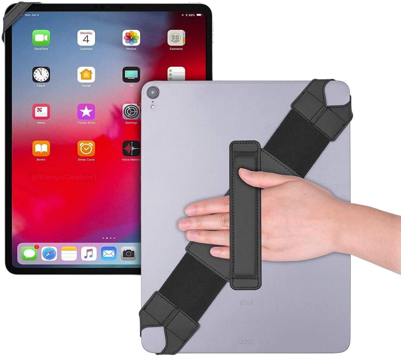 joylink Universal Tablet Hand Strap Holder, 360 Degrees Swivel Leather Handle Grip with Elastic Belt, Secure & Portable for 12.9" Tablets (iPad Pro 2018),Black