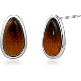 Wotforsh Silver Tiger Eye Teardrop Stud Brown Natural Stone Simple Minimalist Vintage Earrings for Women