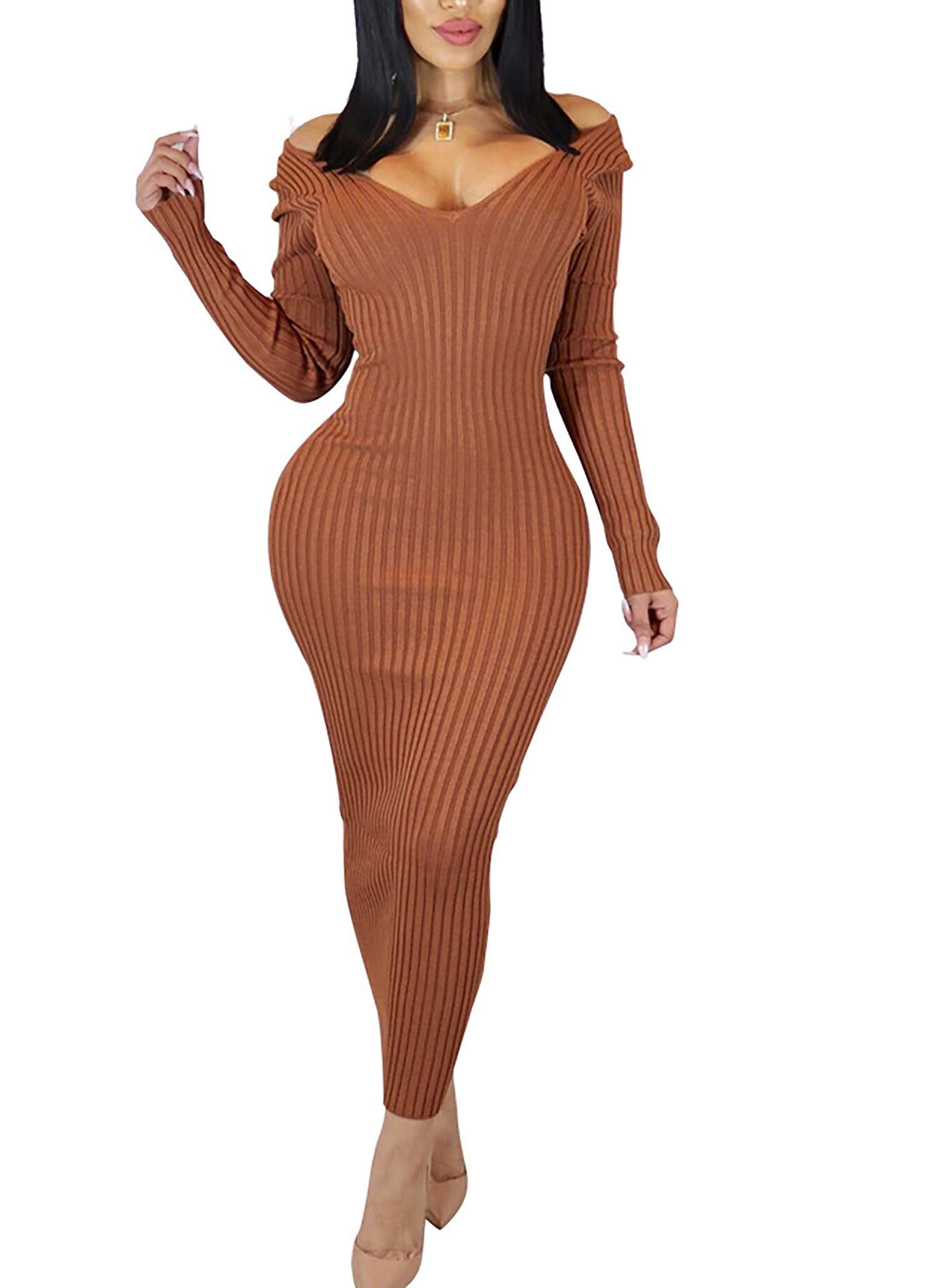 CinyifaanWomen's Casual Off Shoulder Long Sleeves Slim Knit Bodycon Sweater Dress Midi Pencil Dress.