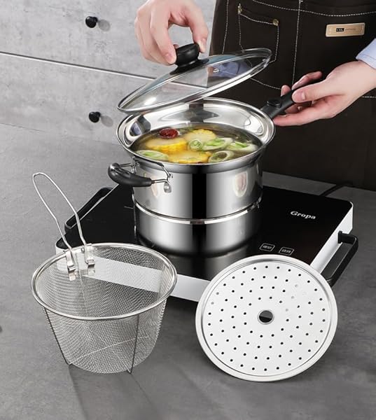STAINLESS STEEL STUDENT POT, 8.6 “FOR 1-2 PEOPLE, COOKING POT, DEEP FRYER, STEAMER, MULTIPURPOSE POT. FEATURES GLASS LID, STAINLESS STEEL STEAMER RACK AND BASKET.
