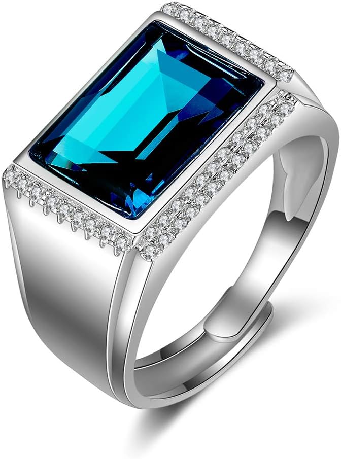 JiangXin Men Ring 925 Sterling Silver Emerald Cut Blue Topaz Adjustable Size Ring for Men