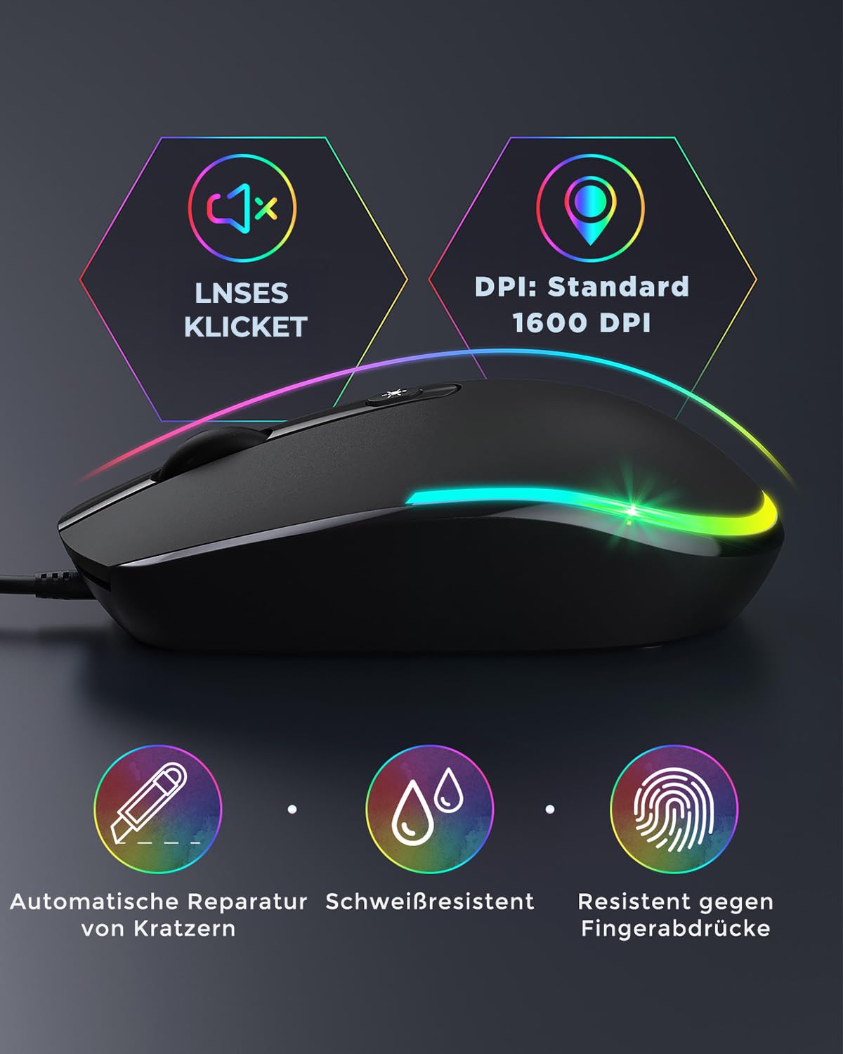 seenda Maus mit Kabel, PC Computermaus mit Kabel, 1600 DPI USB Maus Kabelgebunden für Laptop/PC/Computer/Mac, Schwarz 3