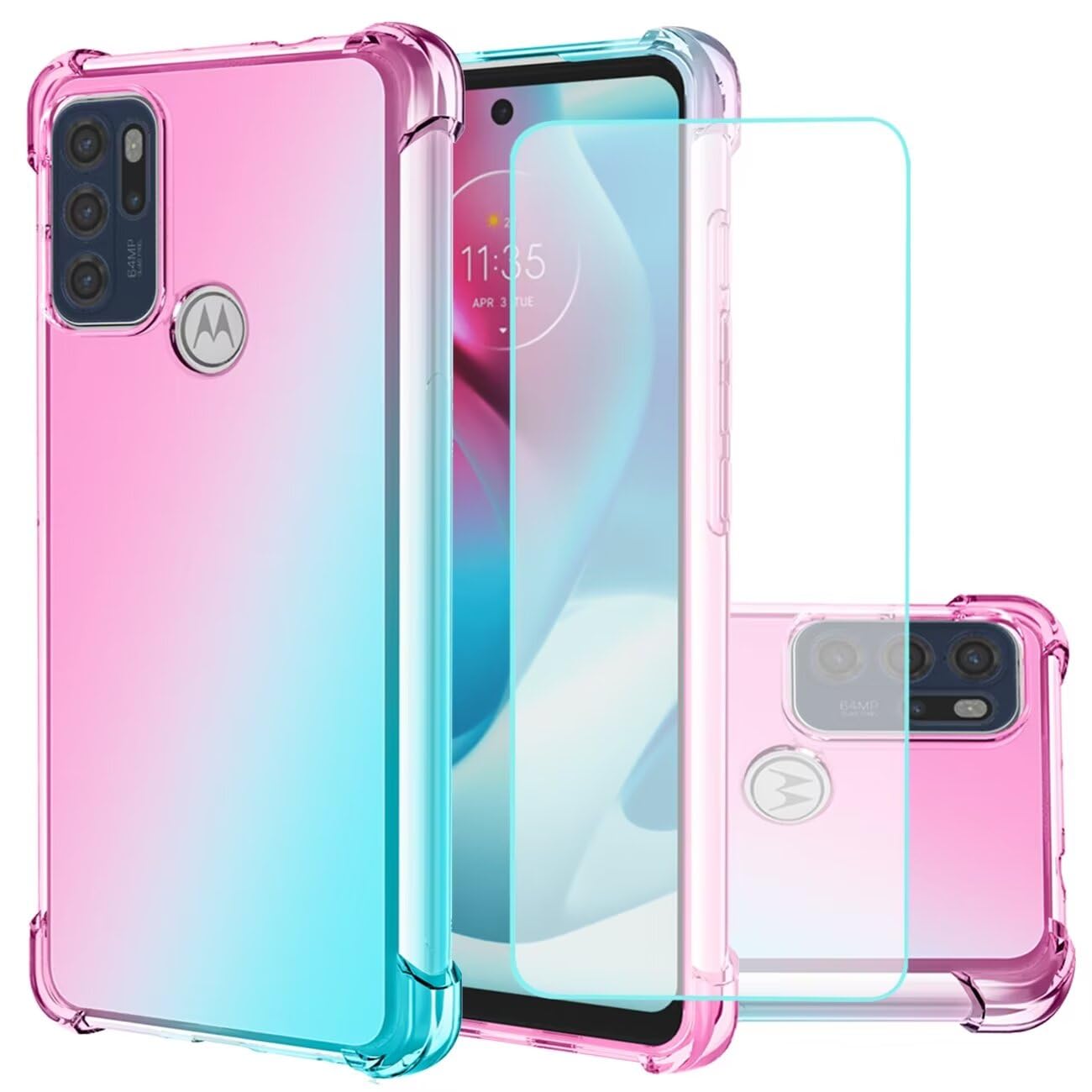Jhxtech for Moto G60S Case, Motorola G60S Case with Tempered Glass Screen Protector, Clear Gradient Case Slim Anti Scratch TPU Cover Protective Case for Motorola Moto G60S (Pink/Green)