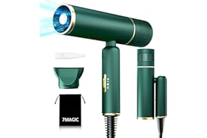 7MAGIC Fast-Drying Hair Dryer, Foldable Ionic with Storage Bag for Travel, Lightweight Portable Hairdryer for Women & Men, Negative, 2 Heating/Cold/2 Speed Settings, Green