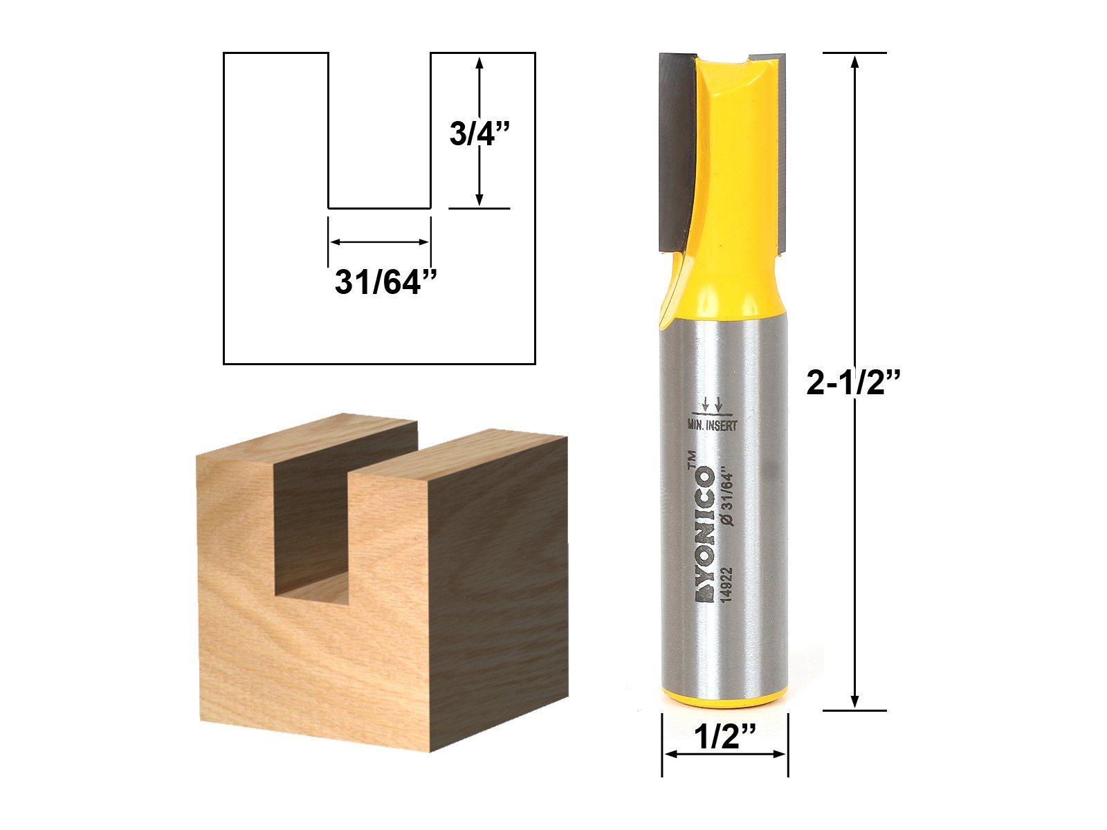 Yonico 14922 - Undersized Plywood Straight Dado Router Bit, Cutting Diameter: 31/64", Cutting Length: 3/4" - 1/2" Shank