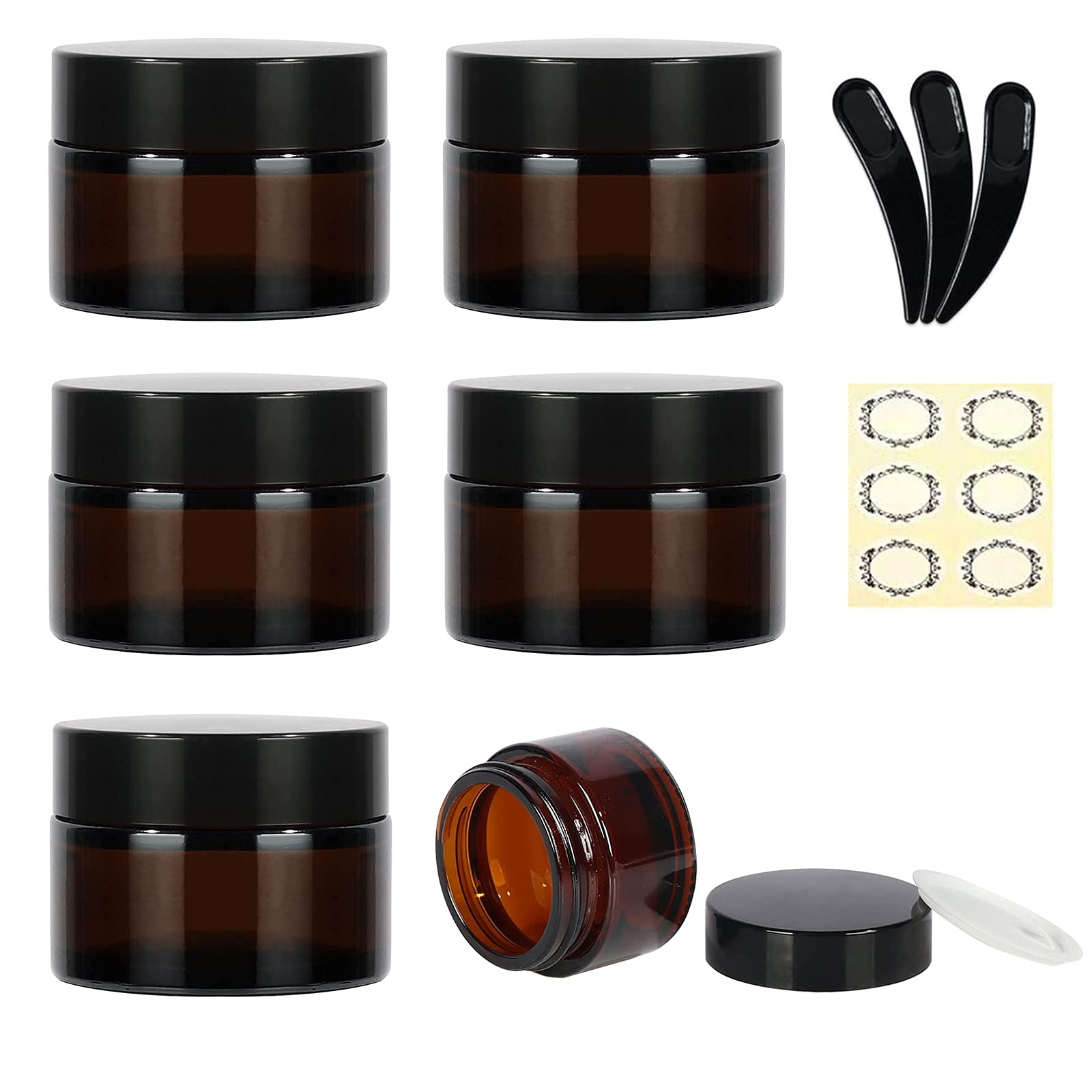 Yalbdopo 6Pcs 10ml / 10g Empty Amber Glass Cosmetic Sample Containers with Black Plastic Lids and Inner Liners - Refillable Mini Travel Pot Jars for Makeup Face Creams Lip Balm Lotion Beauty Nails