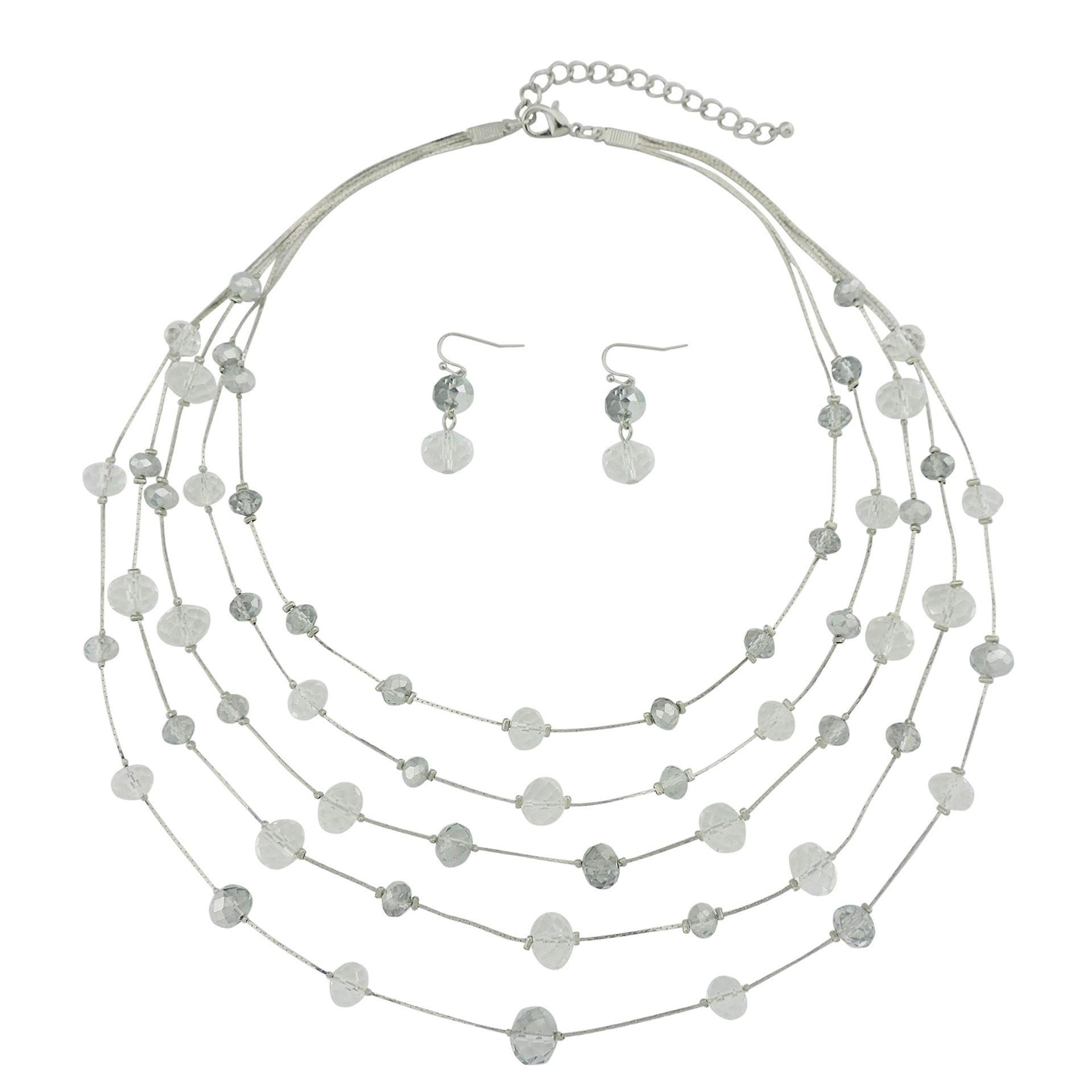 Bocar 5 Layer Handmade Beads Necklace Earring Set Illusion Necklace for Women (NK-10464-white)