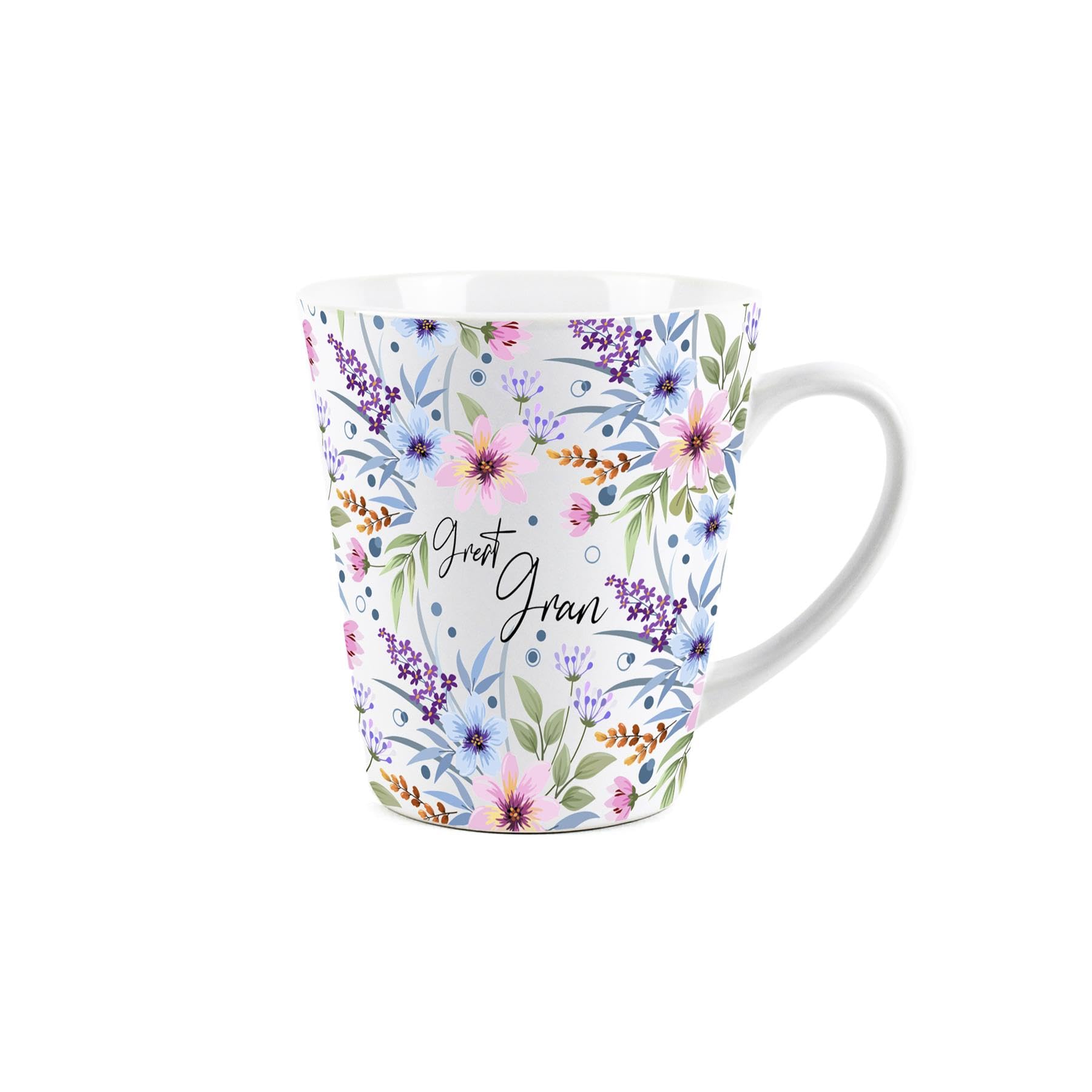 Great Gran Gift Mug - Blue and Purple Floral Design Small Latte Mug - Ceramic Tea/Coffee Cup Presents for Her