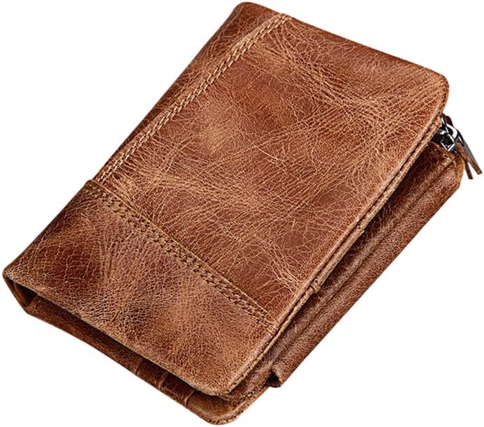 Yomarket Men Genuine Leather Wallet, Double Zipper Bifold Wallet with Coin Purse (Brown)