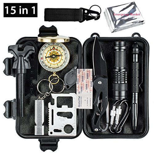 Oriketech Emergency Survival Kit 15 in 1 Mini Survival Gear Kit Outdoor Survival Tool with Thermal Blanket Carabiner Fire Starter More for Adventure Outdoors Sports Traveling Hiking