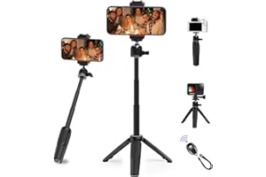 COMAN Extension Pole Tripod,Mini Selfie Stick Tripod Stand with Wireless Remote and Phone Holder,Compatible with iPhone & Android,Mini Vlog Camera Travel Tripod (Black)