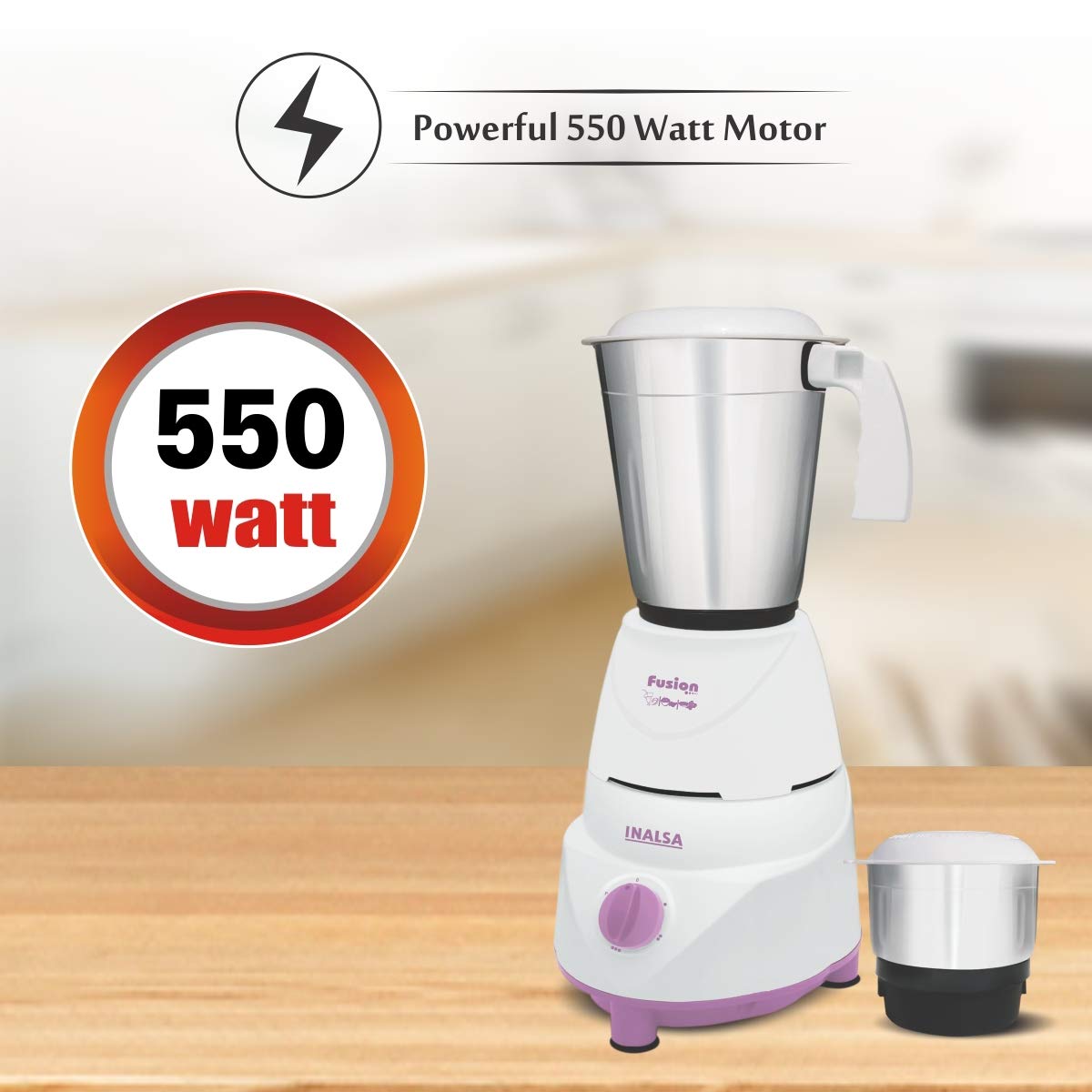 Inalsa Fusion 550Watt Mixer Grinder with 2 Jar (White/Light Purple