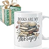 Puouoonyi Funny Book Mug Gift for Book Lovers Readers, Books Are My Therapy Novelty Books Gift for Librarian Bookish Bookworm Women 11oz