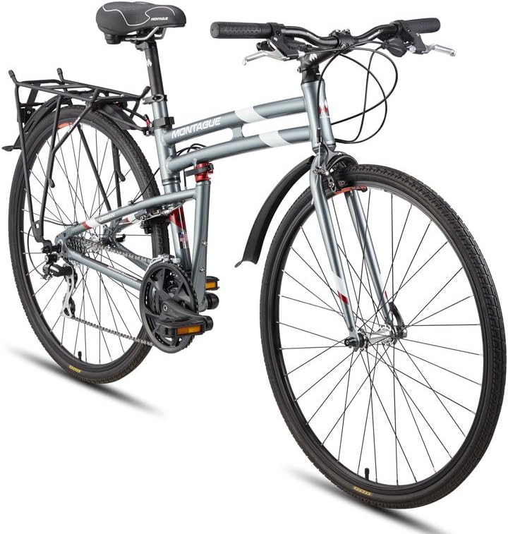 Montague Urban Folding 700c Pavement Hybrid Bike 21-Speed Bike with 35mm Tires and a Rear Rack, Folding Bikes for Adults - Smoke Silver - Available in 3 Sizes, 17 Inches, 19 Inches, 21 Inches