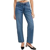 D-Sun Women's Mid Rise Straight Leg Jeans Studded Wide Leg Casual Jeans Rivet Stretchy Baggy Denim Pants