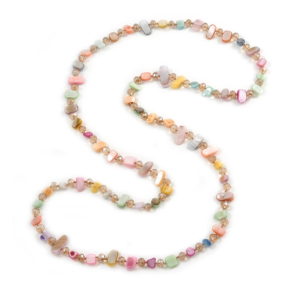 Avalaya Statement Long Pastel Multicoloured Shell Nugget and Glass Crystal Bead Necklace/ 110cm Long