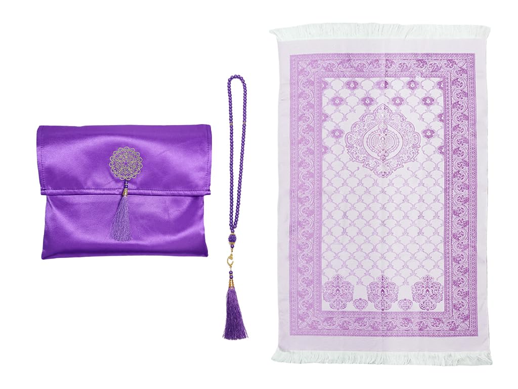 Anlising Muslim Prayer Mat with Prayer Beads and Fabric Bag, Islamic Prayer Mat, Foldable Prayer Rug, Muslim Foldable Prayer Mat, Muslim Prayer Rug, for Muslim,Islamic,Ramadan,Gifts(Purple,110x70CM)