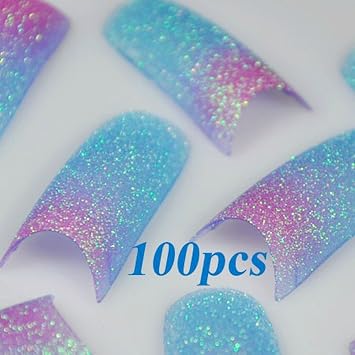 Amazon Com 100 Blue Red Glitter French False Nail Tips Acrylic