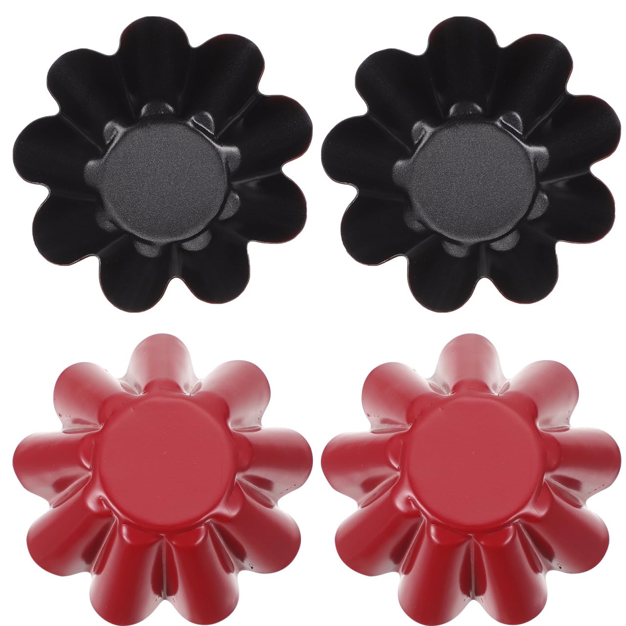 DOITOOL Egg Tart Mould 6.6cm, 4PCS Flower Shape Non Stick Mini Carbon Steel Pudding Moulds, Tart Pan, Chocolate Pudding Molds,Kitchen Reusable Baking Tools for Cupcake Cake Muffin Tin ，Red Black