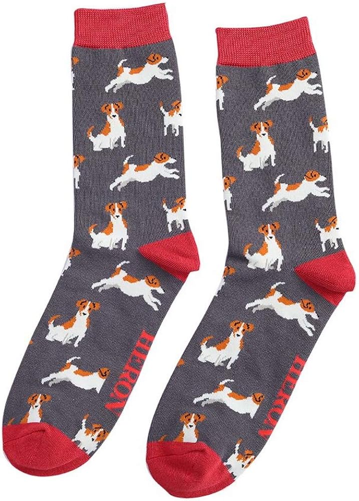 LilyRosa® Mens Jack Russell Dog Socks Gents Boys Men Grey Bamboo Mix