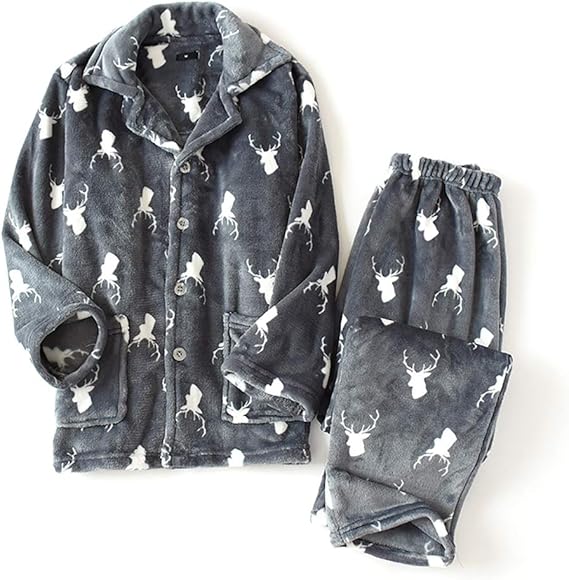 Amazon Co Jp メンズ パジャマもこもこ冬 寝巻きあったか上下セット メンズ部屋着ルームウェア 衿付き紳士 長袖 前開き 大きいサイズ 厚手柔らか 秋冬フランネル ポケット付き ふんわりナイトウェア Gray M 服 ファッション小物