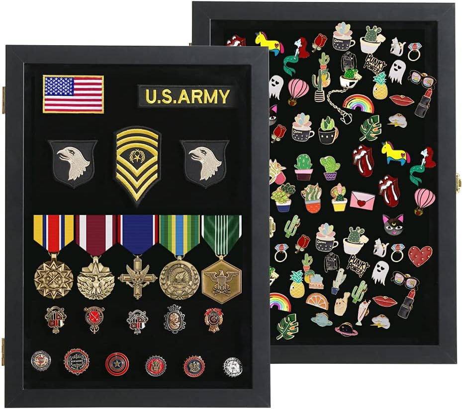 VERANI Pin Display Case - 14x19 Pin Collection Display with 98% Uv Protection Acrylic Door for Military Medals, Beach Tags, Jewelry Pins, Pin Gift, Insignia Ribbons, Pin Enthusiast Collectibles, Black : Sports & Outdoors