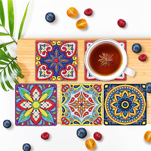4 Pcs Diamond Paintings Coasters, DIY Coasters Small Diamond Painting Kits for Beginners, Adults & Kids Diamond Art Craft Supplies Christmas Gift Home Decor(without iron holder)