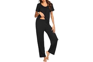 Ekouaer Pajama Set for Women 2 Piece Sleepwear Short Sleeve Pleated Top and Long Pants Soft Pjs Loungewear with Pockets