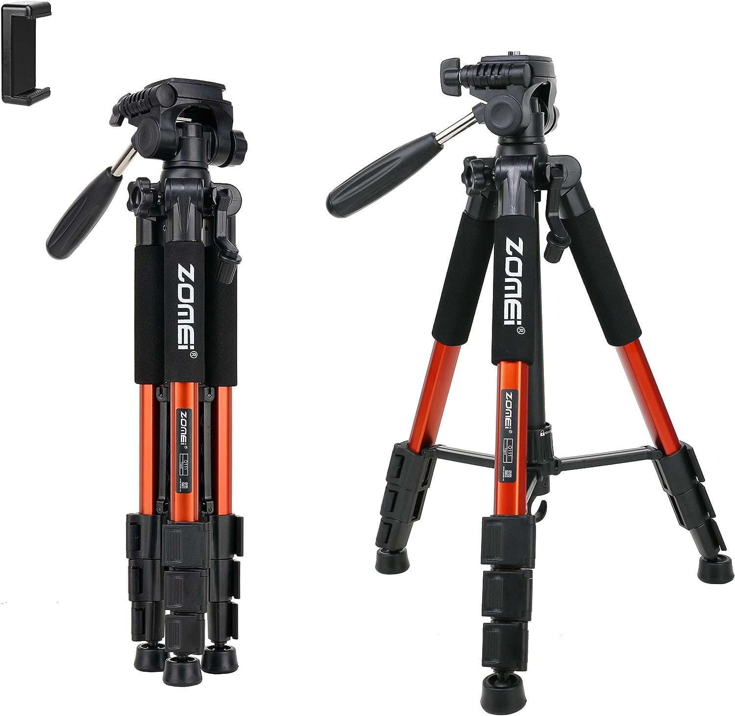 Zomei Q111 Travel Camera Tripod Lightweight with Carry Case - 3 Way Fluid Panhead - Quick Adjustment Flip Locks - Compatible with Compact and Mirrorless Nikon Canon Sony DSLR Cameras - Red